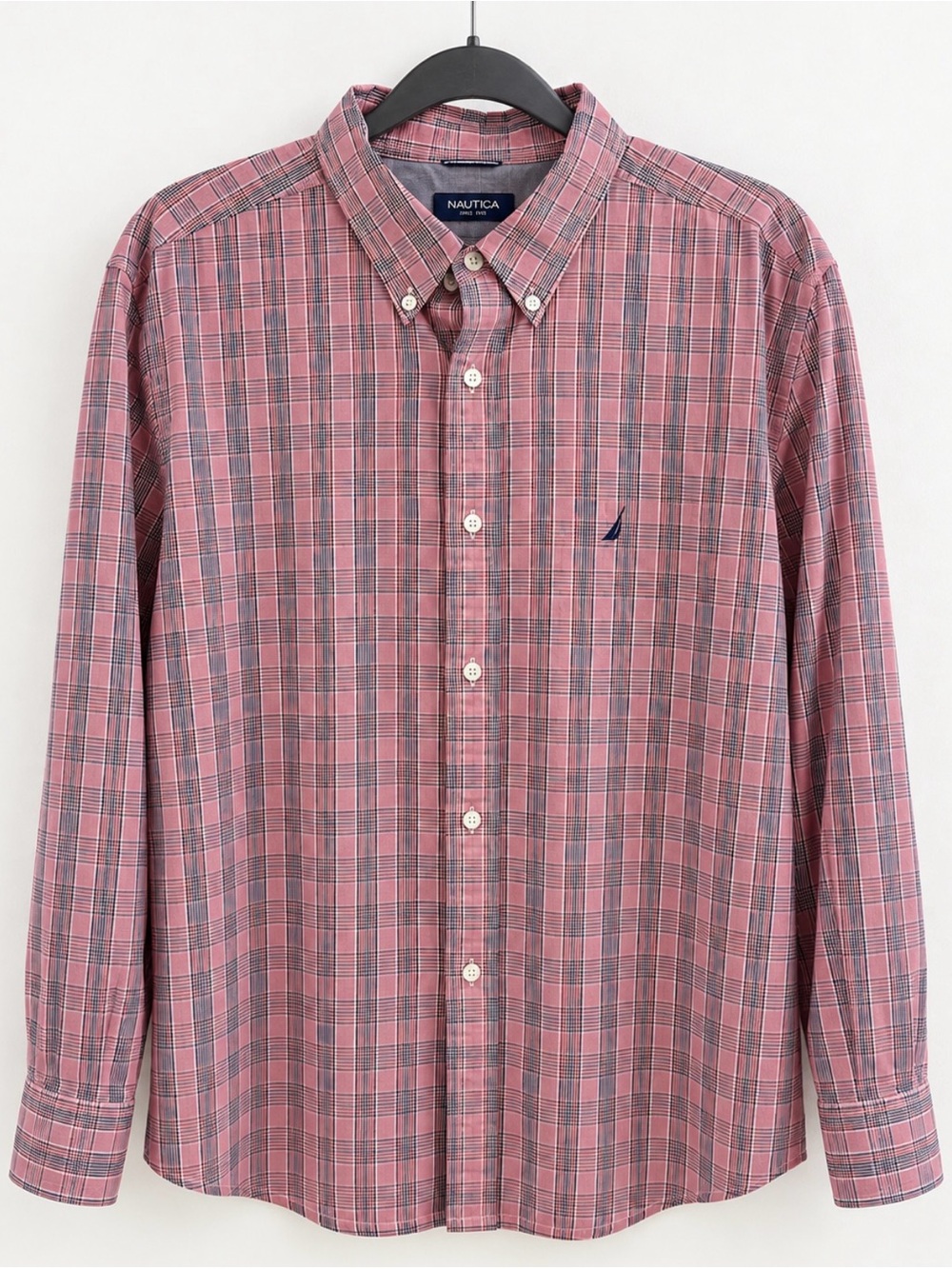 Nautica Men's Pink and Blue Plaid Button-Down Shirt